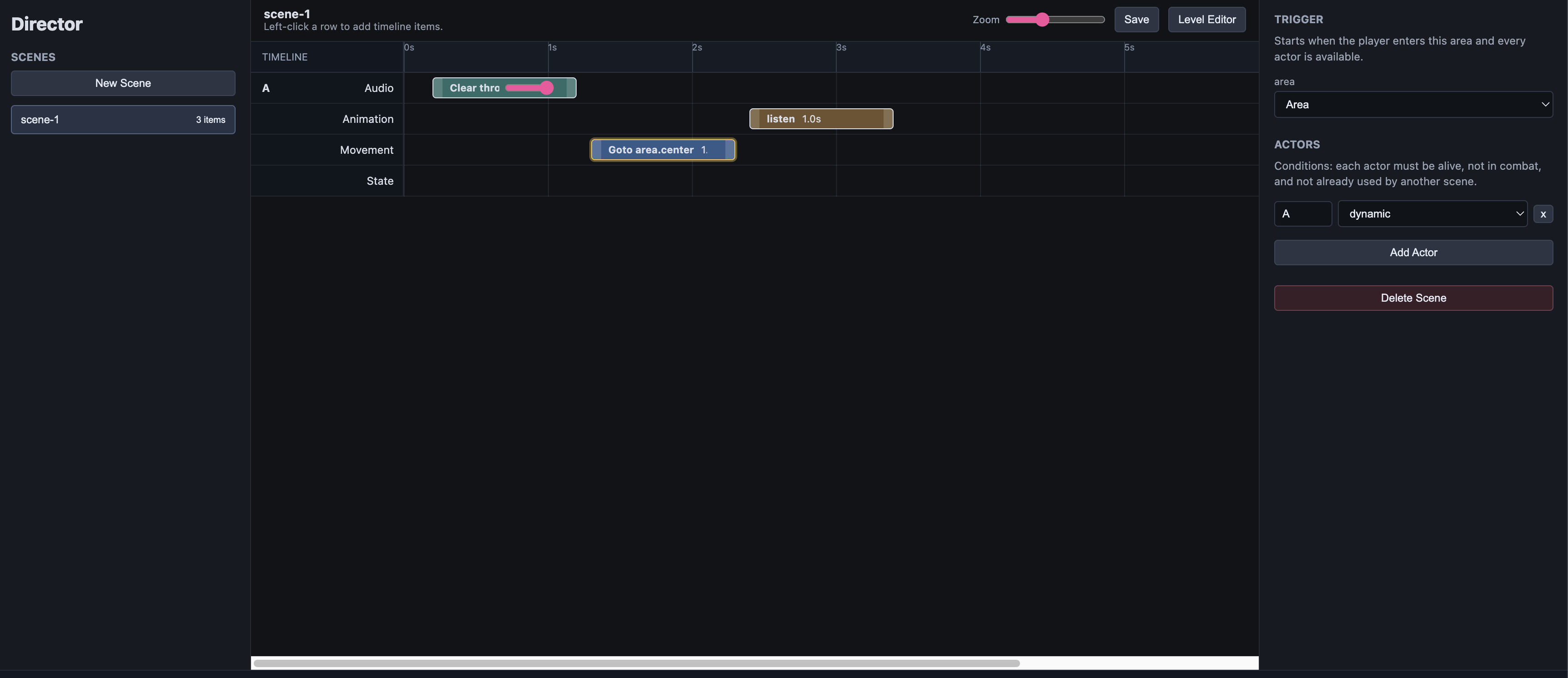 Screenshot of the Candlemark director showing a scene timeline, scenes panel, and trigger settings.