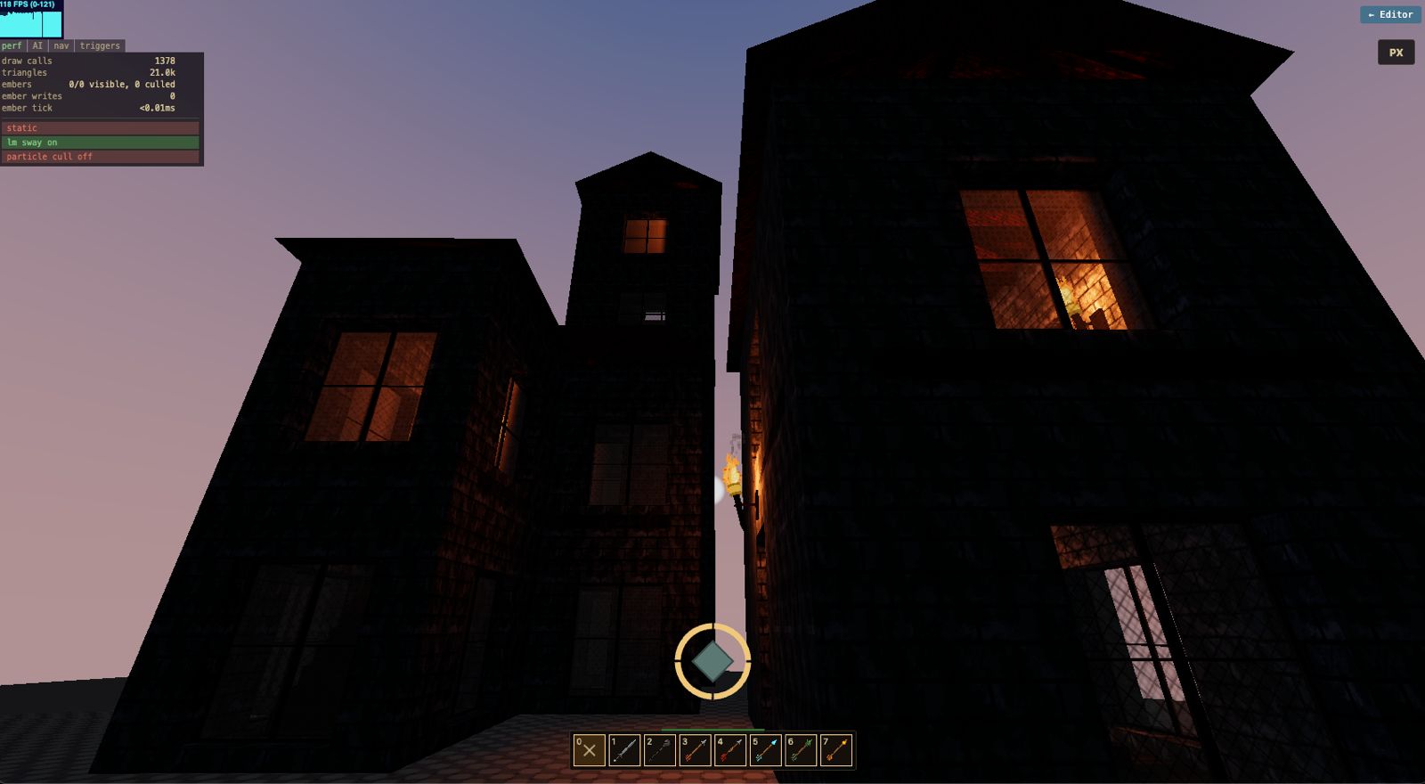 Early Candlemark render showing dark city buildings at dusk with warm lit windows and a game HUD.