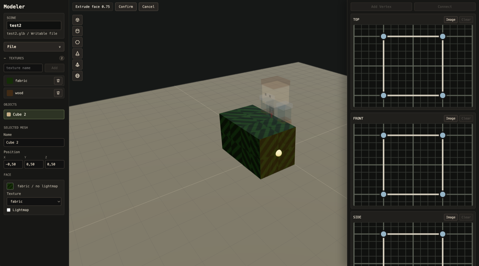Screenshot of the Candlemark modeler showing a textured cube in a 3D viewport with orthographic editing panels.